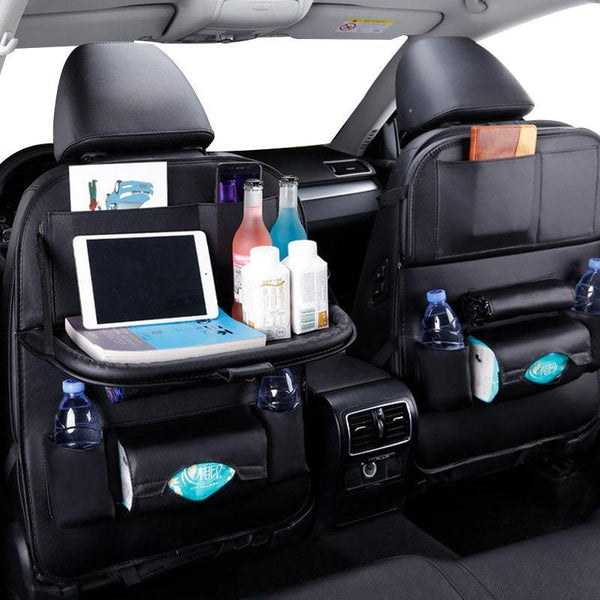 Car Seat-Back Organizer Leather with Foldable Stowable Table Tray - ModernFamilyStuff